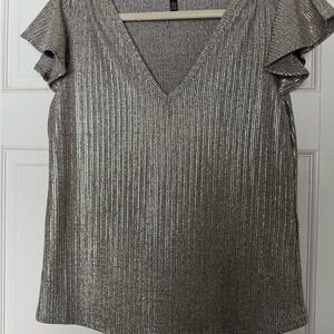 White House Black Market Shimmering Silver V-Neck Blouse